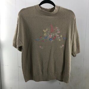 vintage tan cotton floral embroidered short sleeve sweater size XL